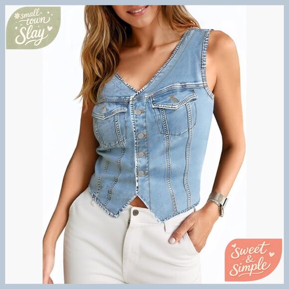 Cropped Denim Vest V-Neck Button Down Fitted Sleeveless Waistcoat Top